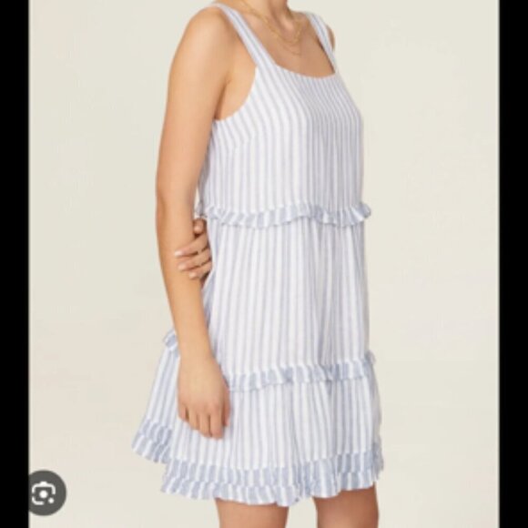 RAILS Sandy Blue White Striped Tiered Linen Mini Sundress Small - Picture 10 of 11